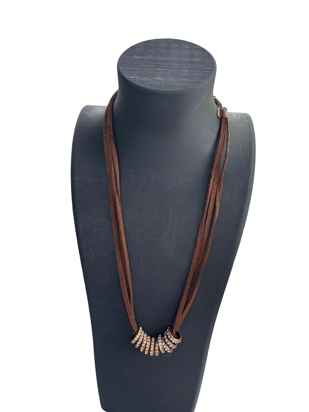 Boho Suede Wrap Necklace Brown Rhinestone Ring Pendant